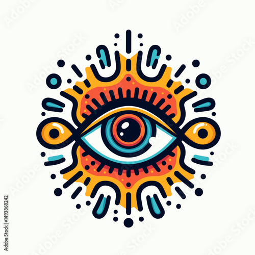 The third eye with colorful rays and patterns on a light background copy space