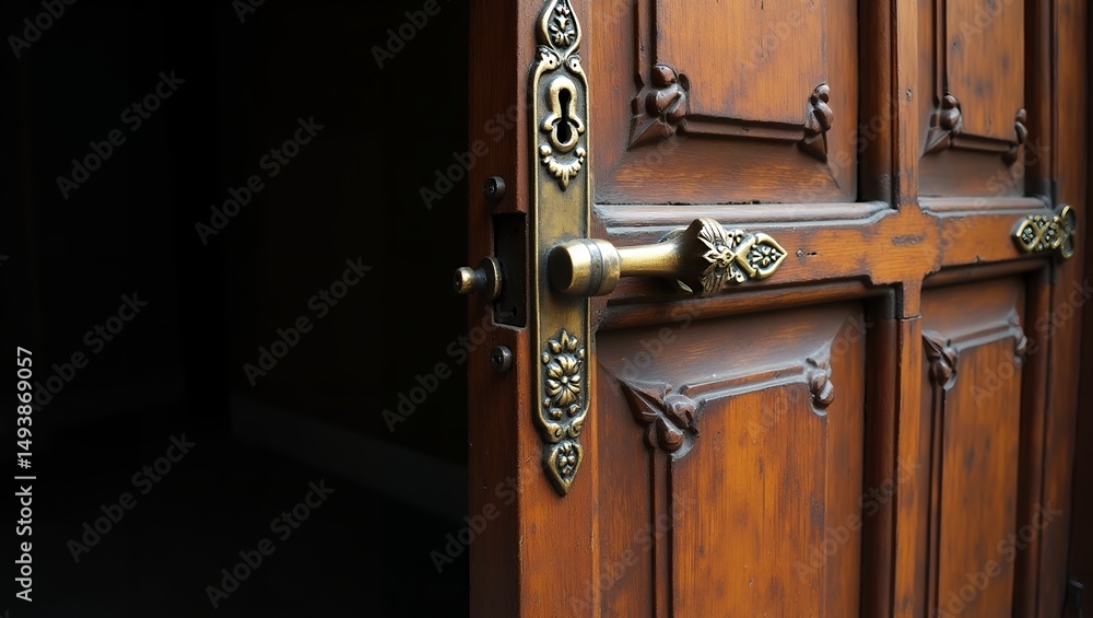 Obraz premium Close-Up of Vintage Wooden Door with Ornate Brass Doorknob