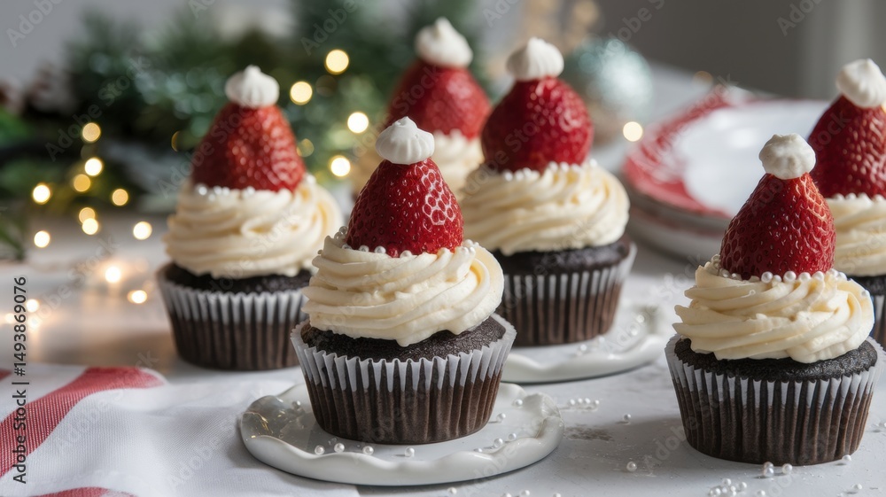 Chocolate cupcakes covered with a delicate mascarpone cream. On top of the cupcake, red strawberries resemble Santa Claus' hat. For decoration, the cupcakes are sprinkled with granulated sugar. Chocolate cupcakes covered with a delicate mascarpone cream. On top of the cupcake, red strawberries resemble Santa Claus' hat. For decoration, the cupcakes are sprinkled with granulated sugar.