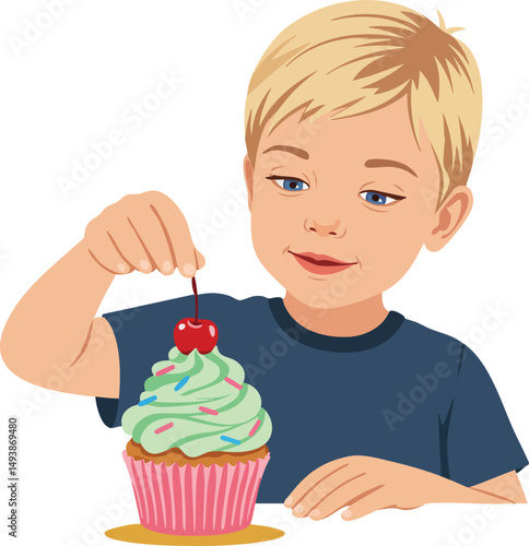 Child decorating cupcake with cherry on top enjoying sweet dessert moment in casual clothing vector illustration 