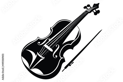 Elegant Black Silhouette Detailed Violin and Bow Artistic Rendition Graphic Design