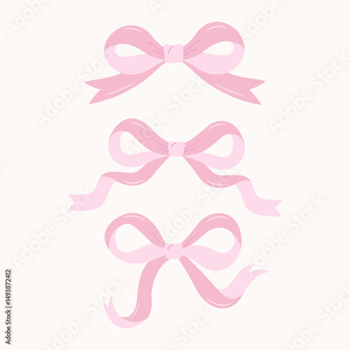 Delicate pink bows in vector style. Three decorative bows with voluminous ribbons on a light background. Suitable for design, greeting cards, and gift wrapping.