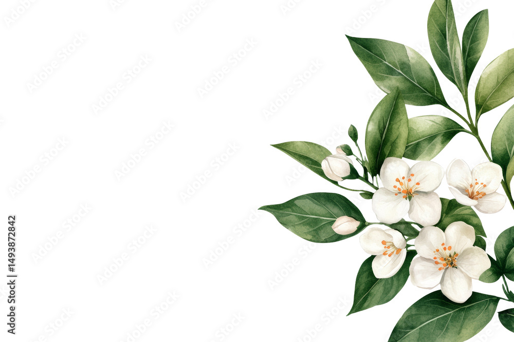 Fototapeta premium White flower with green leaves is the main focus of the image, isolated