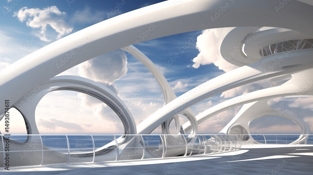 Fototapeta premium Cloud inspired architectural design reflecting fluidity softness structure us curved line light airy material palette of white light gray subtle blue design capture essence of cloud blending