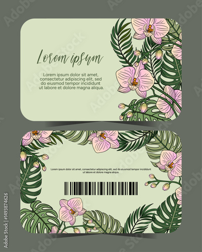 Orchid tropical exotic flora outline drawing gift id card front and back with barcode. Hawaiian nature botanical flower decoration plant card
