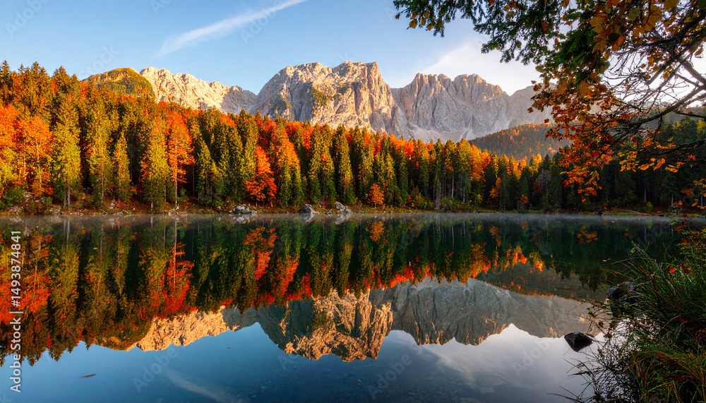 Obraz premium Autumn landscape with calm reflective lake surrounded by majestic mountains and vibrant fall trees