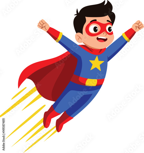 Boy superhero flying with red cape and blue costume in dynamic cartoon style vector illustration 