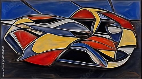 Abstract Cubist Style Car Painting Red Blue Yellow
