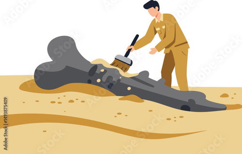 Archaeologist cleaning large bone fossil at excavation site with brush in desert landscape vector illustration 