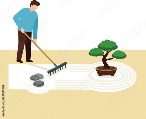 Man raking Zen garden with bonsai tree and rocks in Japanese style landscaping vector illustration 