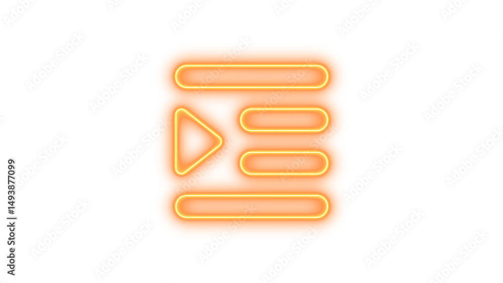 Obraz premium Glowing neon icon featuring a play button and horizontal lines, symbolizing media or playlist, Neon indent icon glow with transparent background
