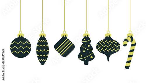Hanging different Christmas tree toys. Colored silhouette. Horizontal front side view. Vector simple flat graphic illustration. Isolated object on white background. Isolate.