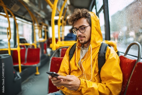 A commuter using smart transportation apps on a public bus
