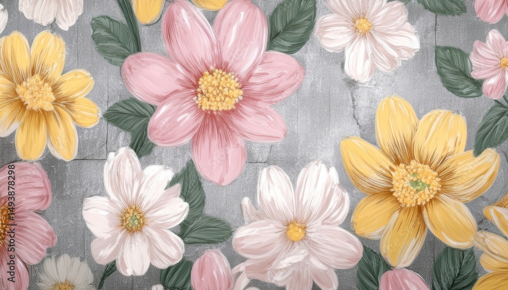 hand-painted spring flowers on cracked concrete wall background for vintage web design, poster print, branding, or textile pattern with pink, yellow, and white blooms and green foliage hand-painted spring flowers on cracked concrete wall background for vintage web design, poster print, branding, or textile pattern with pink, yellow, and white blooms and green foliage