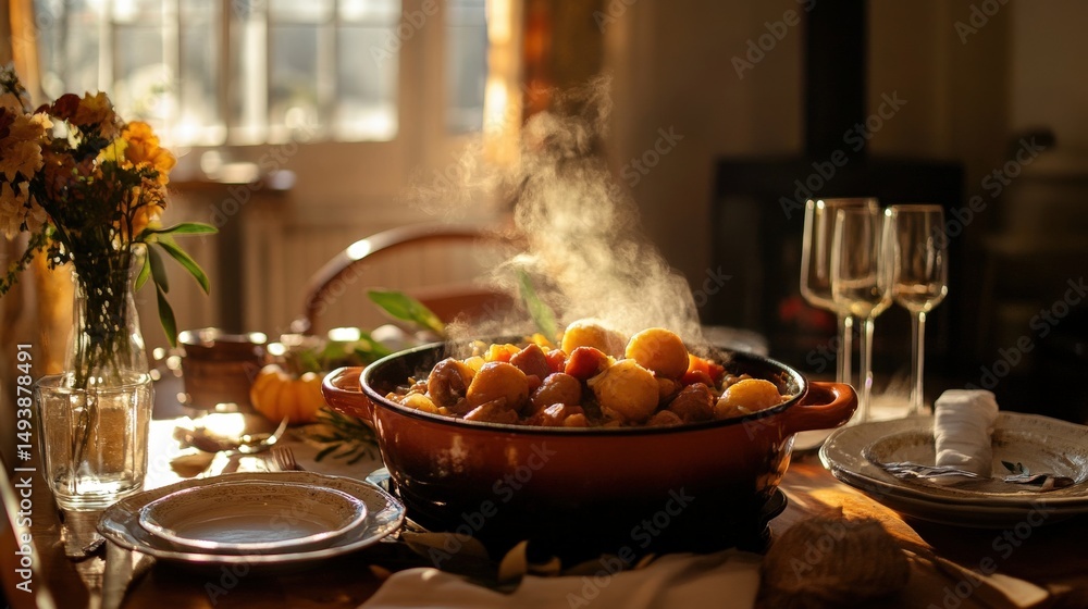 Naklejka premium Warm, inviting autumnal meal steaming in a rustic pot.