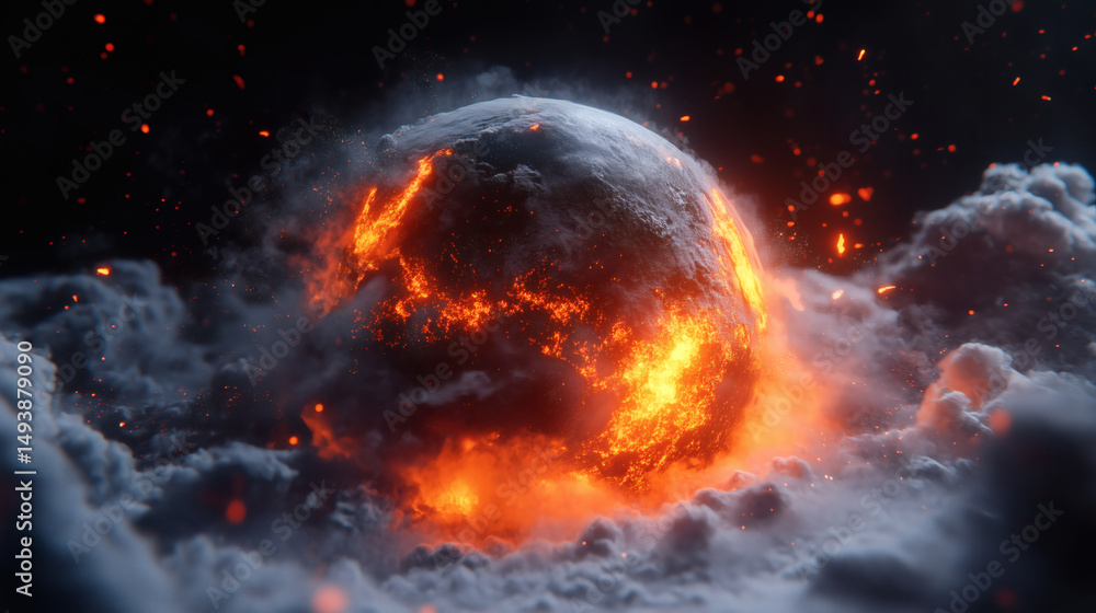 A dynamic scene showcases a planet engulfed in flames and molten lava, surrounded by dark swirling clouds. The intense heat creates a mesmerizing cosmic spectacle A dynamic scene showcases a planet engulfed in flames and molten lava, surrounded by dark swirling clouds. The intense heat creates a mesmerizing cosmic spectacle