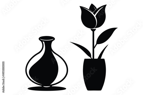 Floral Still Life Stylized Tulip in Vase Next to Empty Vase Design