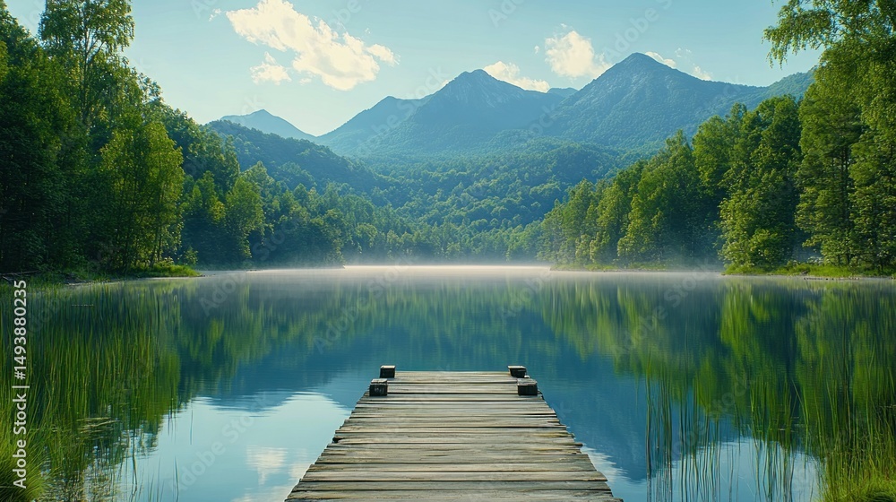 Serene lake, misty mountains Serene lake, misty mountains