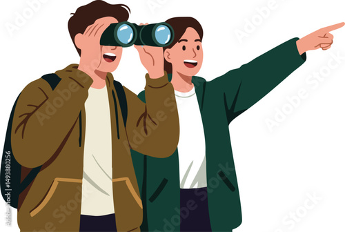 Young people exploring outdoors with binoculars and pointing at distance in casual clothing vector illustration 