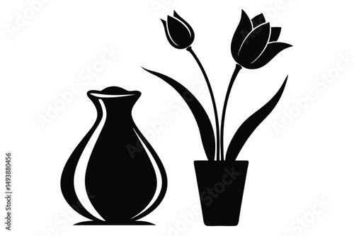 Elegant Still Life Vase and Pot with Tulip Flower Silhouettes Illustration