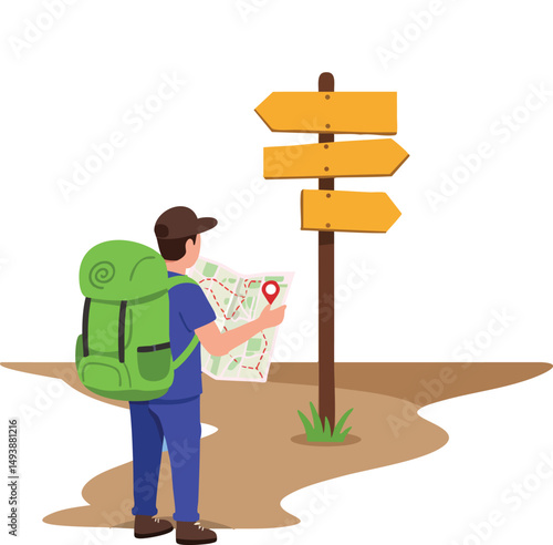 Backpacker traveler standing at crossroads looking at map for direction guidance and navigation vector illustration 