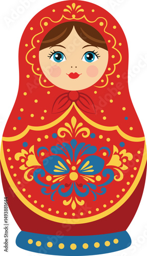 Russian Matryoshka Doll with Red and Blue Traditional Folk Art Design Vector Illustration 