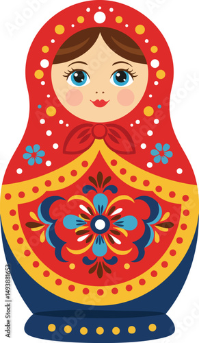 Russian nesting doll matryoshka with traditional folk floral patterns and bright colors vector illustration 