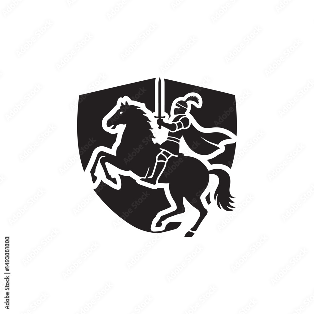 Fototapeta premium Silhouette of Knight on Rearing Horse with Sword