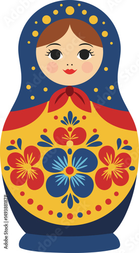 Russian nesting doll matryoshka with traditional floral pattern in blue red and yellow vector illustration 