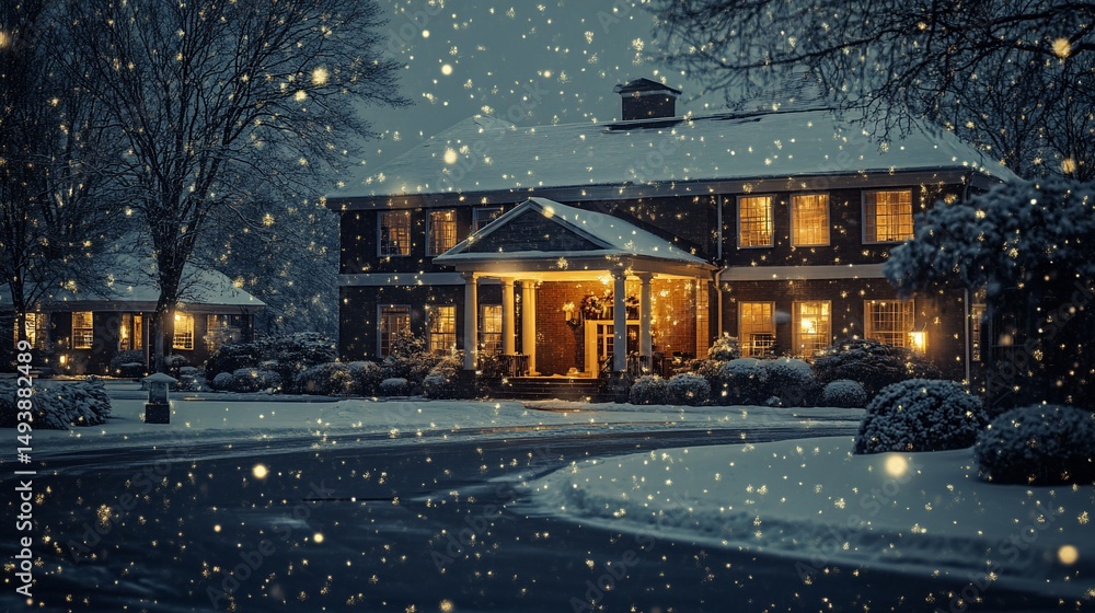 Obraz premium Snowy evening scene with house, trees, lights, and winter atmosphere