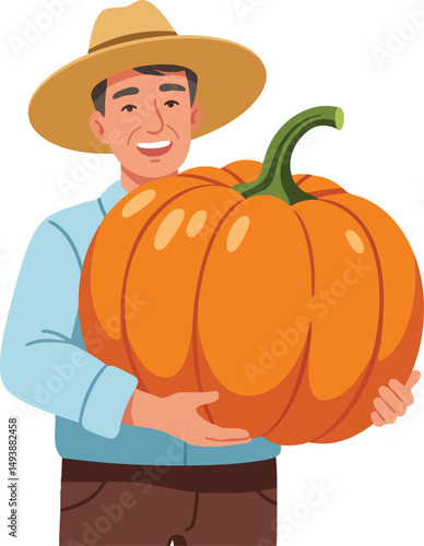 Farmer holding large orange pumpkin vector illustration with smiling expression and hat