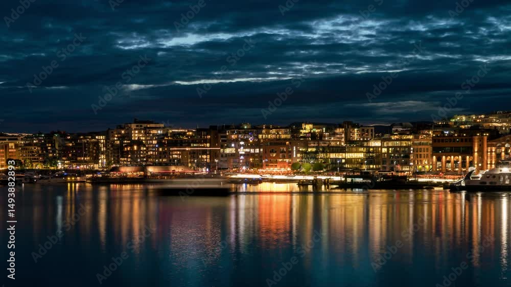 Stunning Oslo waterfront night cityscape timelapse with elegant marina yachts Stunning Oslo waterfront night cityscape timelapse with elegant marina yachts