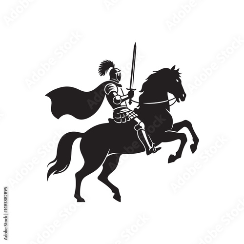 Silhouette of Knight on Rearing Horse with Sword