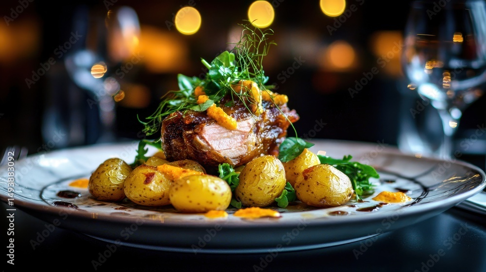 Obraz premium Duck confit with crispy skin served alongside golden pommes sarladaises and fresh greens, premium restaurant presentation