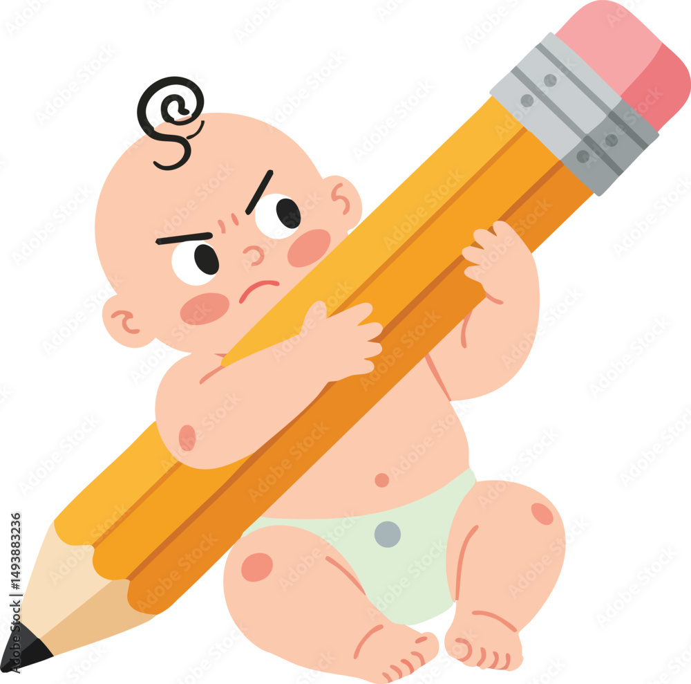 Angry baby holding large pencil cartoon vector illustration for creative concept design Angry baby holding large pencil cartoon vector illustration for creative concept design