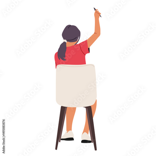 Girl student cartoon character holding raised hand with pen on chair backside isolated on white