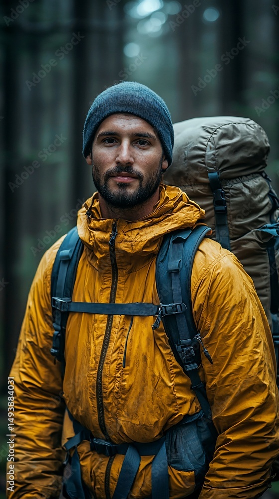 Fototapeta premium Hiker in forest, serious look