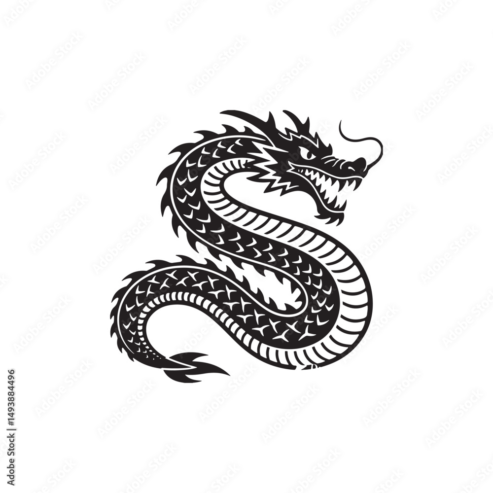 Fototapeta premium Black Chinese Dragon Curled Silhouette