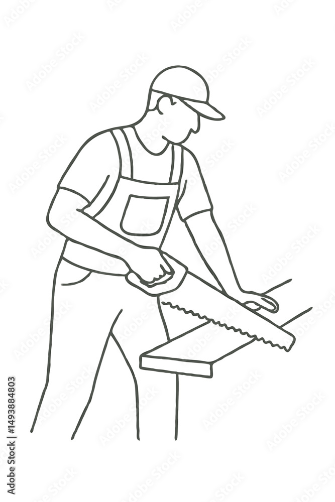 Fototapeta premium Line drawing of carpenter sawing wood on workbench