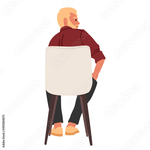 Backside view of adult man cartoon character sitting on chair listening seminar isolated on white