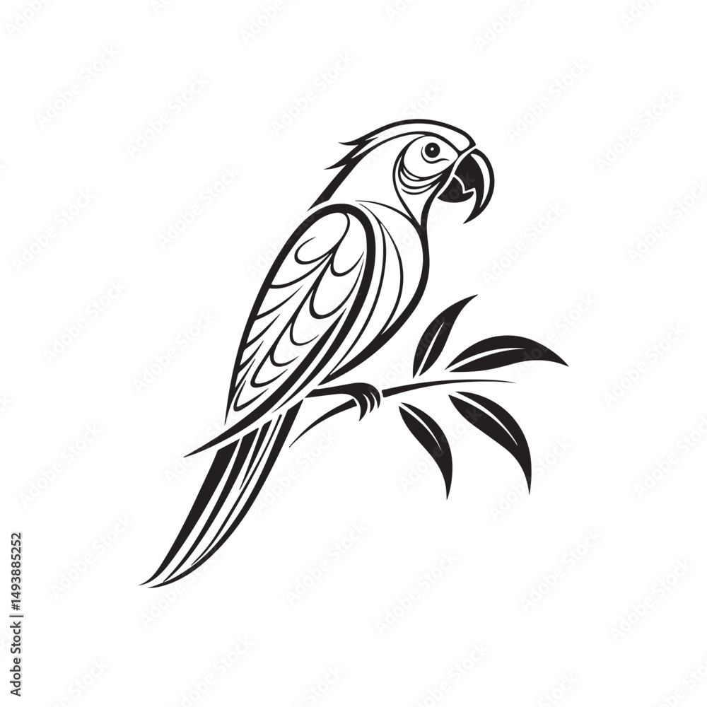 Naklejka premium Elegant Parrot on Branch Black and White Line Art