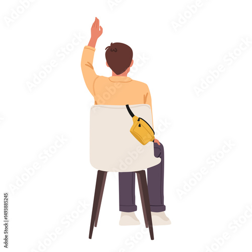 Back view man isolated cartoon character with raised hand on chair asking question or answering