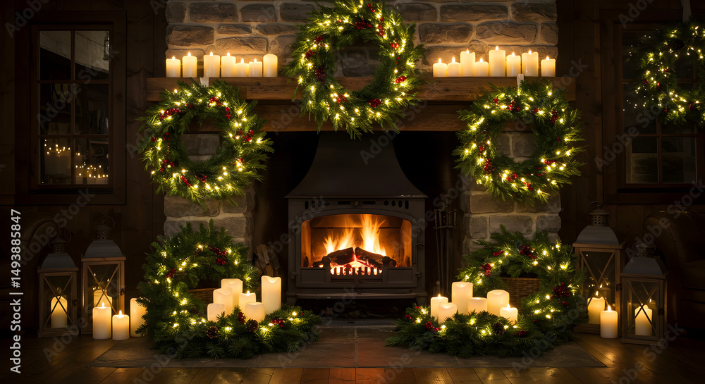 Elegant Fireplace Christmas Decoration Display With Lights And Wreaths Elegant Fireplace Christmas Decoration Display With Lights And Wreaths