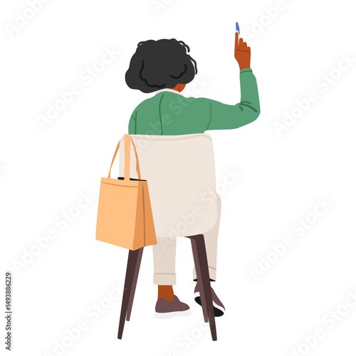 Adult businesswoman cartoon character holding raised hand with pen sitting on chair backside view