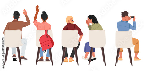 Diverse people cartoon characters participating lecture seminar backside view isolated set