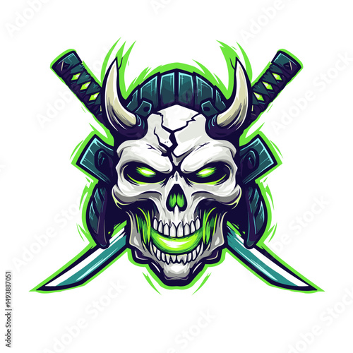 Skull design featuring swords and horns in a bold graphic style with a vivid color scheme