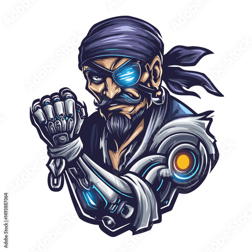 Cool pirate character with robotic arm and bandana in a modern, stylized design