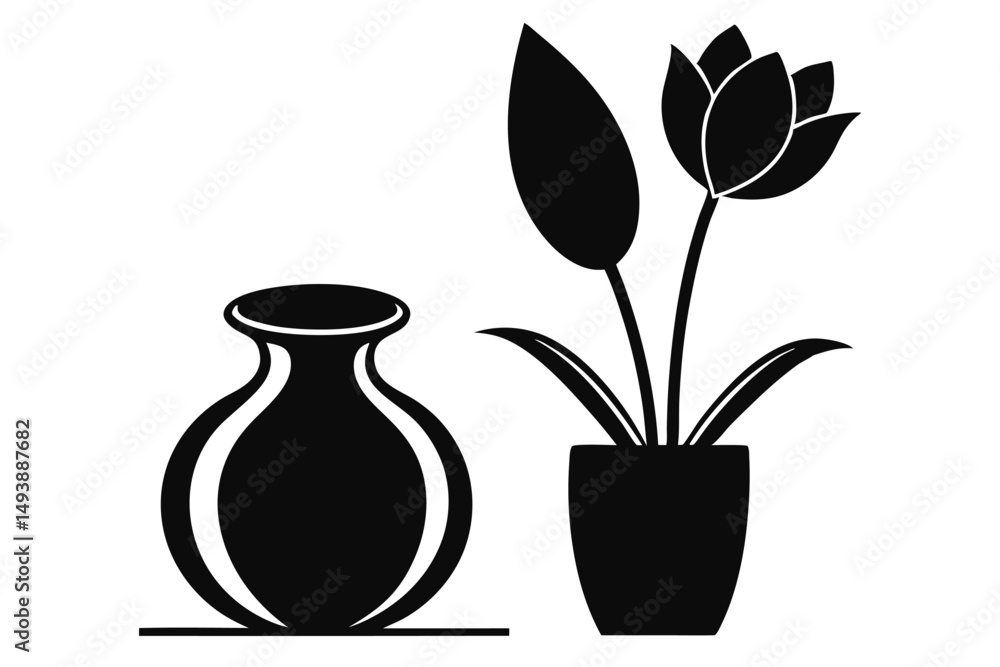 Minimalist Illustration of Floral Arrangement in Pot Beside Stylish Vase on Display Minimalist Illustration of Floral Arrangement in Pot Beside Stylish Vase on Display