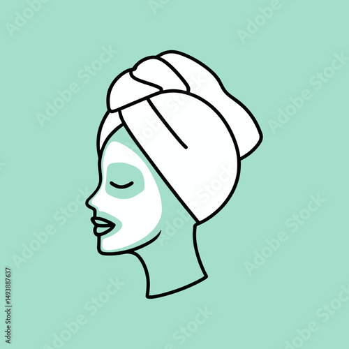 Woman with face mask and towel on head on mint background