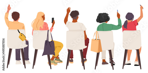 Diverse people cartoon characters with raised hands sitting on chair in row backside isolated set